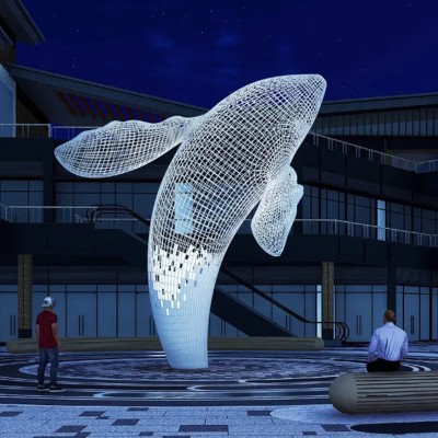 大型不锈钢鲸鱼雕塑镂空海豚摆件售楼部摆件